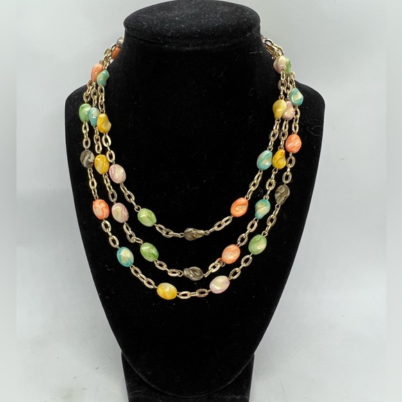 Unknown Jewelry - Vintage Long Fashion Necklace Multicolored Beads and Gold Tone Chain.